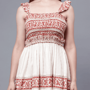 Daisyella Fit And Flare- Off White And Maroon Cotton Dobby Dress