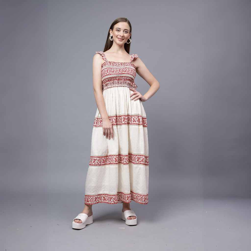 Daisyella Fit And Flare- Off White And Maroon Cotton Dobby Dress