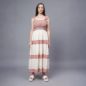 Daisyella Fit And Flare- Off White And Maroon Cotton Dobby Dress